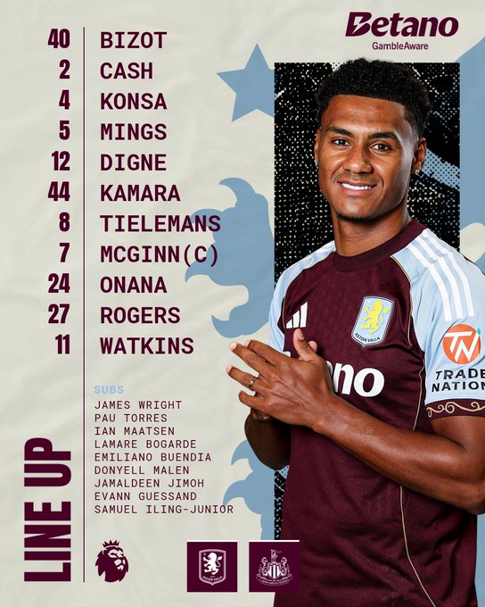 维拉vs纽卡首发：沃特金斯、埃兰加领衔，伊萨克、大马丁缺席